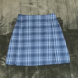 John Galt Mini Skirt Women’s Small Blue Plaid Stretch Slits Preppy Back Zipper